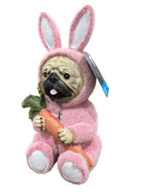 Humane Society Pink Easter Bunny Suit Pug Dog With Carrot Statue Figurine New